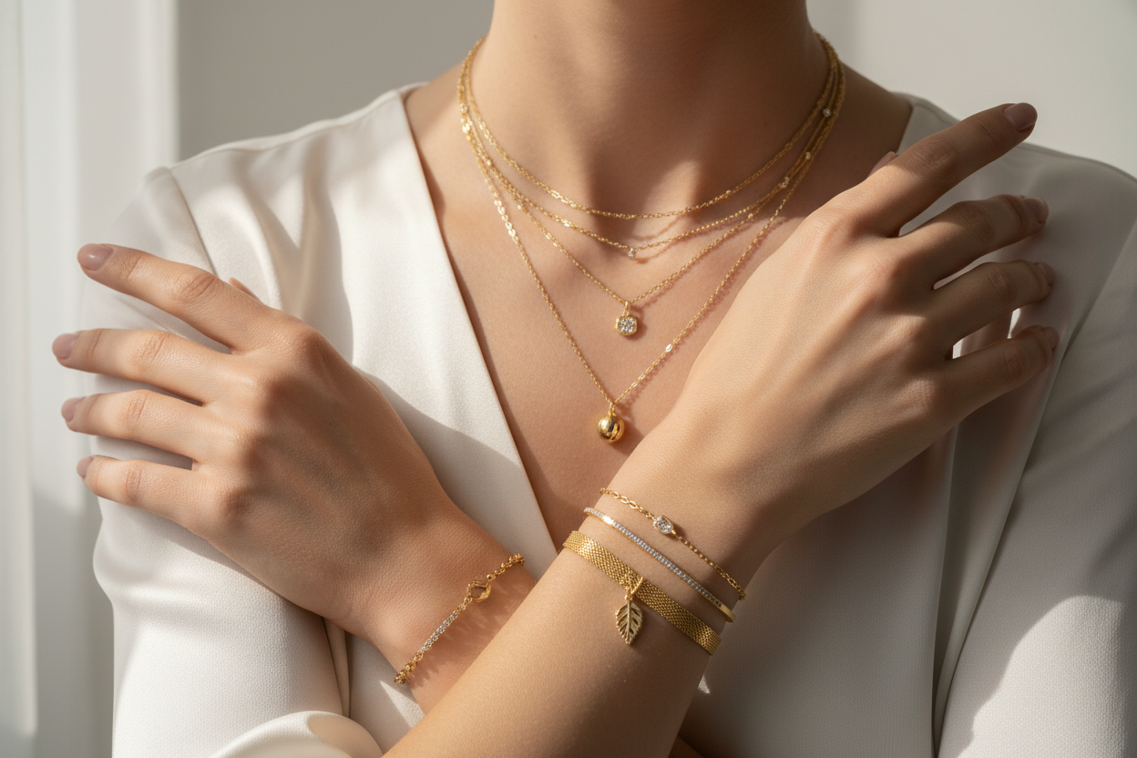 close up of a chain and bracelets feminine chich pose showcasing the jewelry clearly
